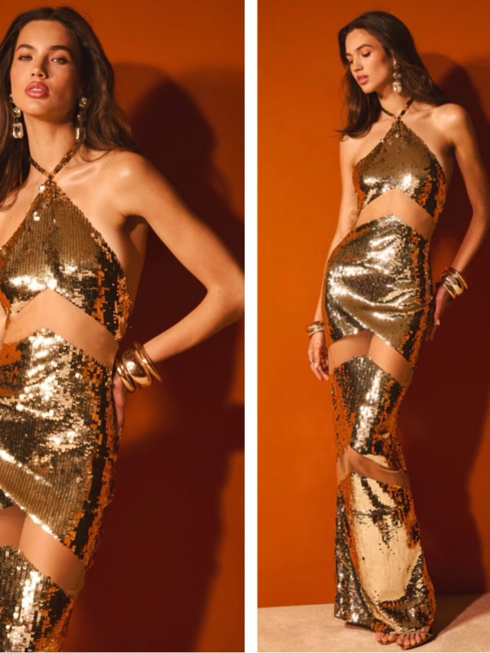 RETROFETE Kaeli Sequin Embellished Sheer Gold Maxi Dress Size Small